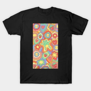 groovy print with frogs, flowers and strawberries T-Shirt